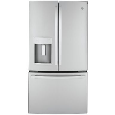 image of GE ENERGY STAR 22.2 Cu. Ft. Stainless Steel Counter-Depth French-Door Refrigerator with sku:gye22gynfs-electronicexpress