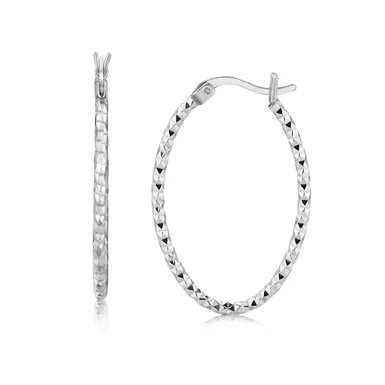 image of Sterling Silver Rhodium Plated Textured Diamond Cut Classic Hoop Earrings with sku:78736-rcj