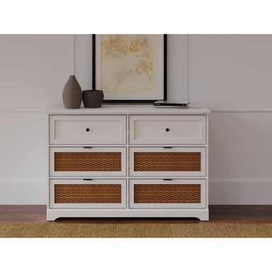 image of Flank White Wood & Rattan 6 Drawer Dresser - 6-drawer with sku:nlckoasxilvfw9mntafjpastd8mu7mbs-dgc-ovr