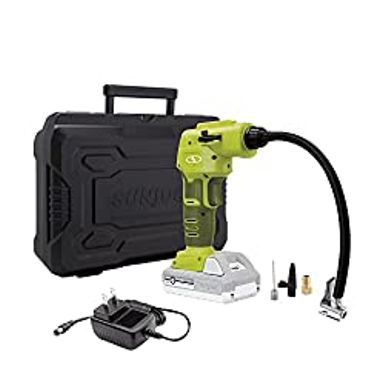 image of Sun Joe 24V-AJC1-LTE-P1 24-Volt iON+ Cordless Portable Air Compressor Kit, w/ 2.0-Ah Battery, Charger, Storage Bag, and Nozzle Adapters , Green with sku:b09skgm1dn-amazon