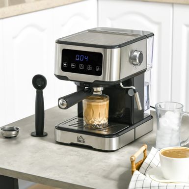 image of HOMCOM Espresso Machine with Milk Frother Wand, 15-Bar Pump Coffee Maker with 1.5L Removable Water Tank for Espresso - Black, Silver - 14.5" L x 9" W x 11.75" H with sku:bobk4wwox88acqmjfoxjxgstd8mu7mbs-aos-ovr