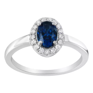 10K White Gold 1/5 Cttw Round Diamond and Prong Set 7MM Created Blue Sapphire Halo Cocktail Ring (H-I Color, I1-I2 Clarity) - Size 7