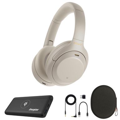 Sony WH-1000XM4 Wireless Over the Ear Noise Cancelling Headphones, Silver with 10000mAh Qi Wireless Charger