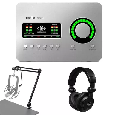 image of Universal Audio Apollo Solo Heritage Edition Desktop 2x4 Thunderbolt 3 Audio Interface + Broadcast Arm with Internal Springs and Integrated 10' XLR Cable + Closed-Back Studio Monitor Headphones with sku:uaplshek1-adorama