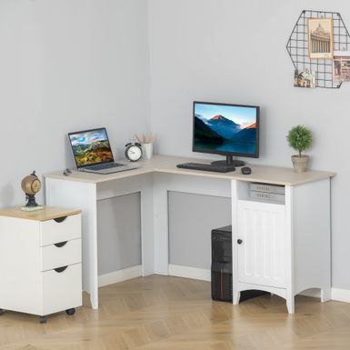 image of HOMCOM L-Shaped Computer Desk with Open Shelf and Storage Cabinet, Corner Writing Desk with Adjustable Shelf - Natural Wood, White with sku:luse5lklupjahfmiypgsfastd8mu7mbs-aos-ovr