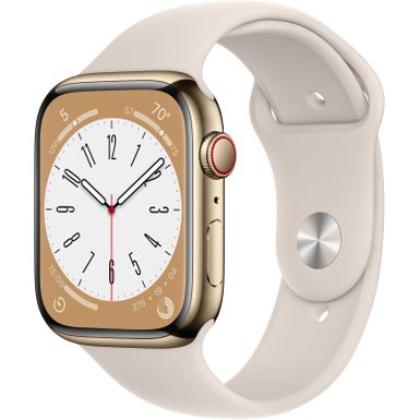 image of Apple Watch Series 8 GPS + Cellular 41mm Gold Stainless Steel Case with Starlight Sport Band - M/L - Starlight with sku:bb21950137-6495325-bestbuy-apple