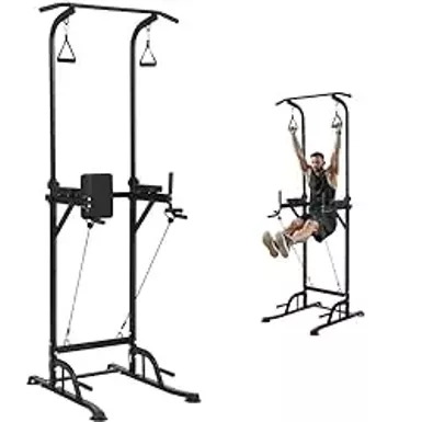 VEVOR Power Tower Dip Station, 10-Level Height Adjustable Pull Up Bar Stand, Multi-Function Home Gym Strength Training Fitness Workout Equipment with 7-Level Adjustable Backrest, PU Elbow Pads, 440LBS