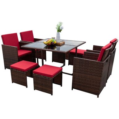 image of Homall 9 Pieces Patio Dining Sets Outdoor Space Saving Rattan Chairs with Glass Table Sectional Conversation Set with Cushions - Red with sku:ftnjh5i5chfjojg-l4kmmastd8mu7mbs--ovr