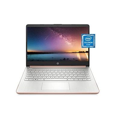 image of HP 14 Laptop, Intel Celeron N4020, 4 GB RAM, 64 GB Storage, 14-inch Micro-Edge HD Display, Windows 10 Home, Thin & Portable, 4K Graphics, One Year of Microsoft 365 (14-dq0030nr, 2021, Pale Rose Gold) with sku:ihp47x77uaab-adorama