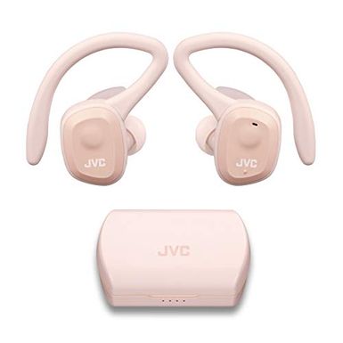 image of JVC HAET45TP Truly Wireless Sport Headphones, Dual Ear Support with Detachable Hook, 14H Total Battery Life with Charging Case, Waterproof IP55 (Pink) with sku:b0899glymn-jvc-amz