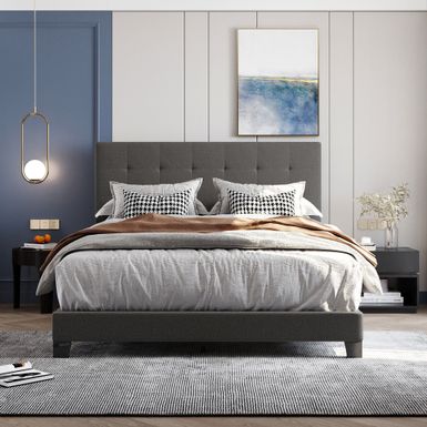 image of Nestfair Queen Size Upholstered Platform Bed with Tufted Headboard - Grey with sku:3rtwvmt3mvukadq2gifvrwstd8mu7mbs-overstock