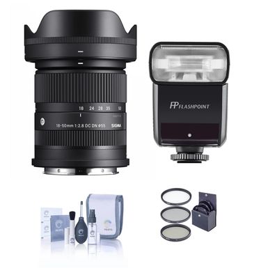 image of Sigma 18-50mm f/2.8 DC DN Contemporary Lens for Sony E - Bundle With Flashpoint Zoom-Mini TTL R2 Flash, 55mm Filter Kit, Cleaning Kit with sku:sg1850soefk-adorama