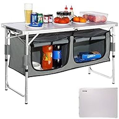 image of VEVOR Camping Kitchen Table, 3 Adjustable Height Aluminum Portable Folding Camp Cooking Station with Storage Organizer & Carrying Bag, Quick Installation for Picnic BBQ Beach Traveling with sku:b0ckqtb4cf-amazon