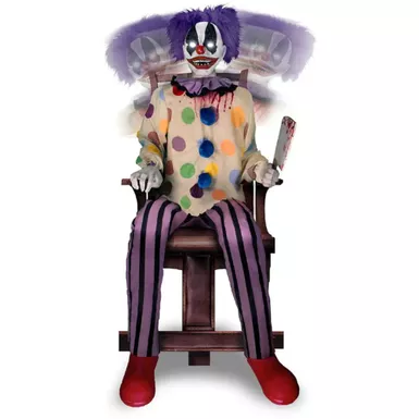 Motion-Activated Thrashing Clown with a Meat Cleaver by Tekky, Sitting Premium Halloween Animatronic, Plug-In or Battery