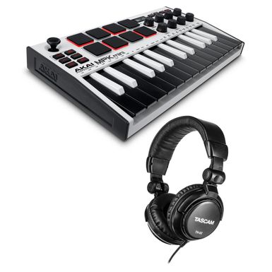 image of Akai MPK Mini MK3 25-Key MIDI Controller, White with Studio Monitor Heahphones with sku:akmpkmini3wa-adorama