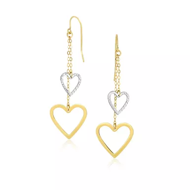 10k Two Tone Gold Cutout Heart Chain Dangling Earrings