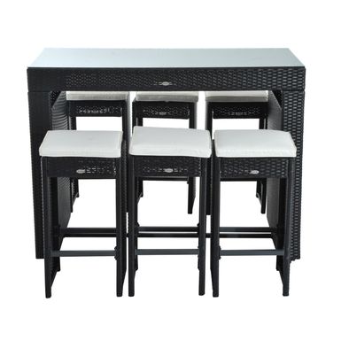 Outsunny 7 Piece Rattan Wicker Bar Stool Dining Table Set - Black