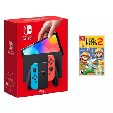 image of Nintendo - Switch OLED Neon (Red/Blue) + Super Mario Maker 2 BUNDLE with sku:nswolnemm2-floridastategames