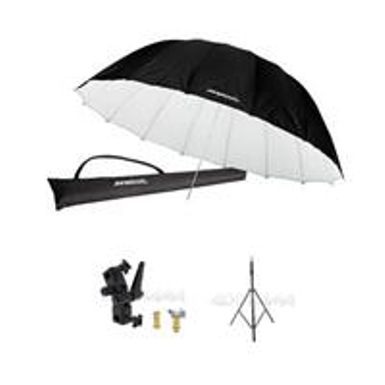 image of Westcott 7 Feet Parabolic Umbrella, White/Black BUNDLE with Umbrella Bracket / Adjutsable Flash Mount, 8.5' Black Lightstand with sku:weuwbp7k-adorama