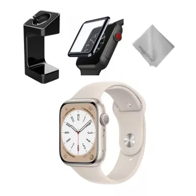 image of Apple Watch Series 8 GPS 45mm Starlight Aluminum Case with Starlight Sport Band S/M Starlight Bundle with sku:mnup3b-streamline