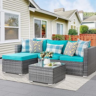 image of Shintenchi Patio Furniture Sets Outdoor Sectional Sofa Silver All-Weather Rattan Wicker Small Patio Conversation Couch Garden Backyard with Washable Couch Cushion and Glass Table 3 Pieces Blue with sku:b09yrwbr5n-shi-amz