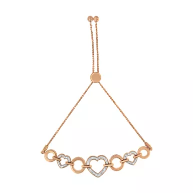 14K Rose Gold Plated .925 Sterling Silver Diamond Accent Circle and Heart Link Adjustable 6”-10” Bolo Bracelet (I-J Color, I3 Clarity)