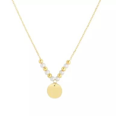 14k Yellow Gold High Polish Beaded Pearl Disc Drop Pallina Necklace