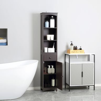 image of HOMCOM Bathroom Storage Cabinet, Free Standing Bath Storage Unit, Tall Linen Tower with 3-Tier Shelves and Drawer, Brown - Black with sku:b4zgbw2wqf-5uu1ysduomwstd8mu7mbs-aos-ovr