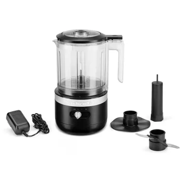 image of KitchenAid Cordless 5-Cup Food Chopper with Multi-Purpose Blade and Whisk Accessory in Black Matte with sku:kfcb519bm-almo