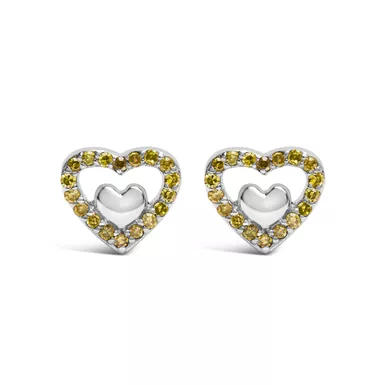 925 Sterling Silver 1/6 Cttw Yellow Diamond Open Double Heart Stud Earrings (Treated Yellow Color, I3 Clarity)