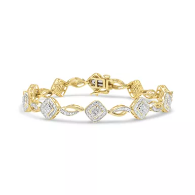 image of 10K Yellow Gold Plated .925 Sterling Silver 1/4 Cttw Diamond Alternating Art Deco Square and Swirl Link 7.25" Bracelet (I-J Color, I2-I3 Clarity) with sku:60-8198tdm-luxcom