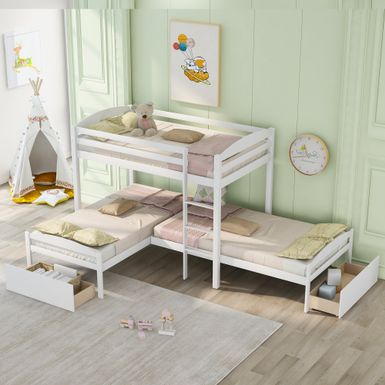 image of Twin over Twin L-shaped Bunk Bed with Two Drawers - White with sku:vno1mmztyxk2mfnsnkg0nastd8mu7mbs-mom-ovr