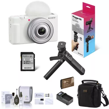 image of Sony ZV-1F Vlogging Camera, White Bundle with ACCVC1 Vlogger Accessory Kit, Shoulder Bag, Extra Battery, Charger, Screen Protector, Cleaning Kit with sku:isozv1fwvek-adorama
