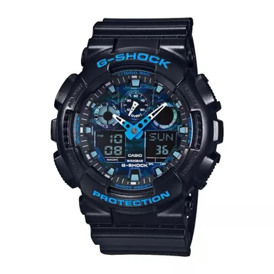 image of G-Shock - Mens G-Shock Ana-Digi Black Resin Watch Blue Camouflage Dial with sku:ga100cb-1a-powersales