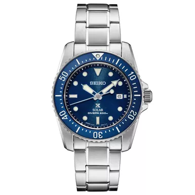 Seiko - Mens Prospex Solar Diver Silver-Tone Stainless Steel Watch Blue Dial