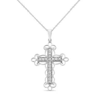 .925 Sterling Silver 1/4 Cttw Round Cut Diamond Art Deco Style Cross 18" Pendant Necklace (J-K Color, I2-I3 Clarity)