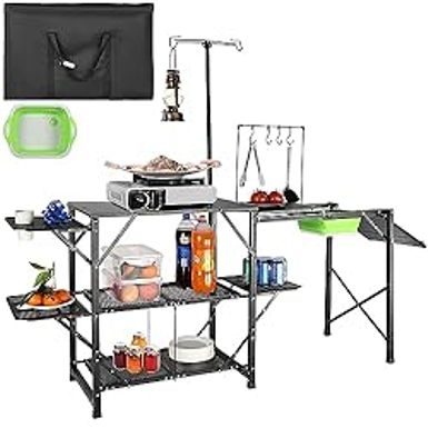 image of VEVOR Camping Kitchen Table with Sink, Aluminum Folding Portable Outdoor Cook Station, 2 Shelves & Carrying Bag for Picnic BBQ Beach Traveling with sku:b0ckqwfg7b-amazon