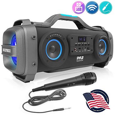 image of Wireless Portable Bluetooth Boombox Speaker - 800W Rechargeable Boom Box Speaker Portable Barrel Loud Stereo System with AUX Input, USB, 1/4" in, Fm Radio, 4" Subwoofer, DJ Lights - Pyle PBMSPG148 with sku:b083v8bcqc-pyl-amz