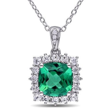 Miadora Sterling Silver Created Emerald, Created White Sapphire and Diamond Accent Halo Necklace - Green