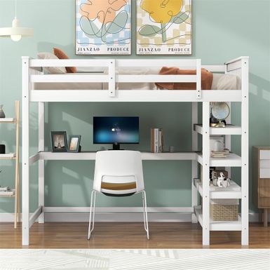 image of Merax Loft Bed with Storage Shelves and Under-bed Desk - White - Full with sku:t7ijahxkln8fo3ym_z6qxqstd8mu7mbs--ovr
