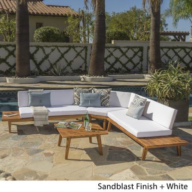 image of Hillcrest Outdoor 4-piece V-Shaped Wood Sectional Sofa Set with Cushion by Christopher Knight Home - Sandblast Finish + White with sku:ty4xgqw6nu7aackbibaw2astd8mu7mbs-chr-ov