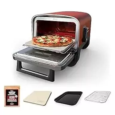 image of Ninja - Woodfire Pizza Oven, 8-in-1 Outdoor Oven, 5 Pizza Settings, 700°F, Smoker, Woodfire Technology, Electric - Terracotta Red with sku:bb22160216-bestbuy