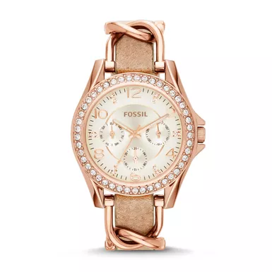 image of Fossil - Ladies Riley Rose Gold-Tone Crystal Leather Watch Beige Dial with sku:es3466-powersales