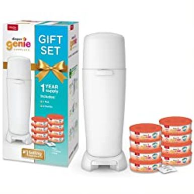 image of Playtex Diaper Genie Baby Registry Set, Includes 1 Diaper Genie Complete Diaper Pail, 8 Diaper Genie Clean Laundry Scent Refills and 1 Diaper Genie Carbon Filter For Odor Control with sku:b07cflywgm-ang-amz