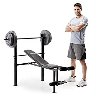 image of Marcy Competitor Standard Workout Bench with 80 lbs Vinyl-Coated Weight Set Combo CB-20111 with sku:b07hhdqjrd-imp-amz