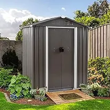 DHPM Outdoor Storage Shed 4x6 ft, Metal Outside Sheds with Apex Roof Galvanized Steel for Backyard, Patio, Lawn, Tool Shed with Lockable Door for