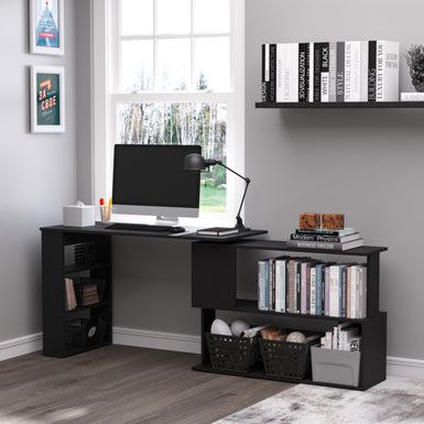 image of HomCom Modern L Shaped Rotating Computer Desk with Bookshelves - Black - Matte with sku:qgoc9orcz6tpdzf_brfrbastd8mu7mbs-overstock