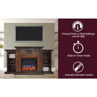 image of Sanoma 72-In. Electric Fireplace in Walnut with Built-in Bookshelves and a Multi-Color LED Flame Display with sku:cam7233-1walled-almo