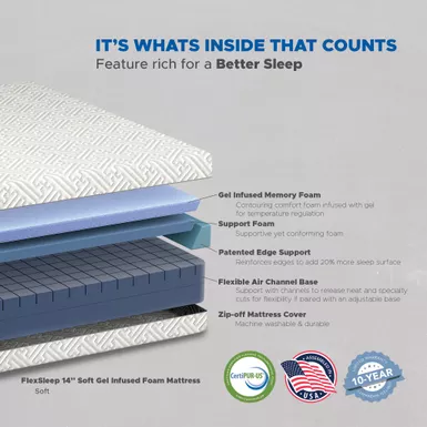 image of Flex Sleep 14" Plush Gel Infused Cal King Memory Foam Mattress/ Bed-in-a-Box with sku:810053691946-sby