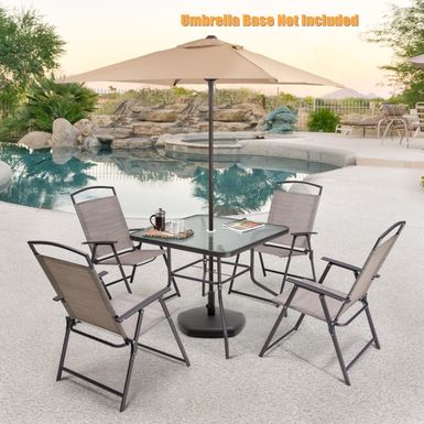 image of 6 PCS Patio Dinning Set with 4 Folding Chairs, Glass Table and Tan Umbrella without Base - Beige - 6-Piece Sets with sku:oehdqhjo7t8ad3cjfgdflgstd8mu7mbs-overstock